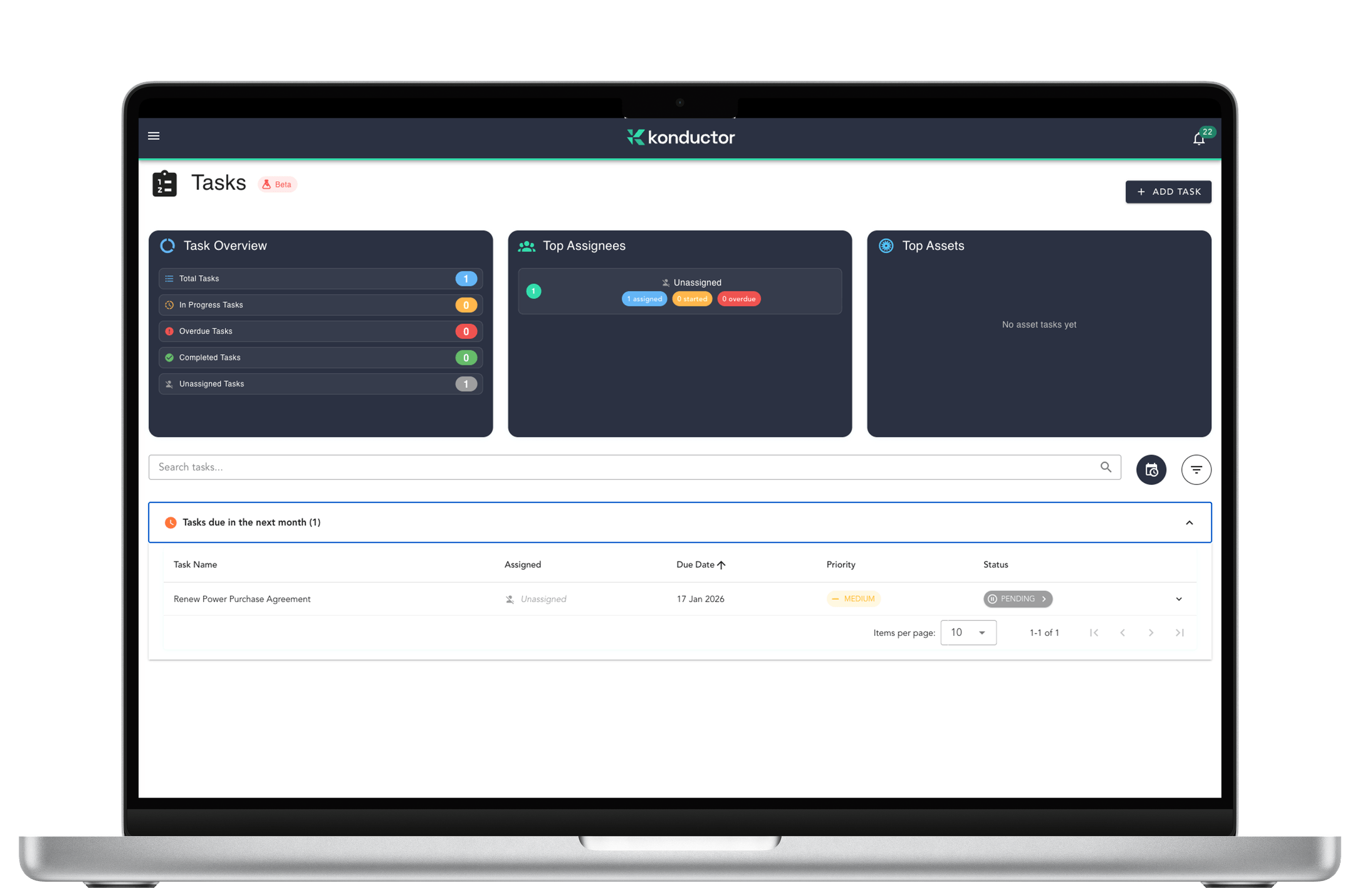Apple Macbook pro showing Konductor task management with one task to renew power purchase agreements, it is unassigned.